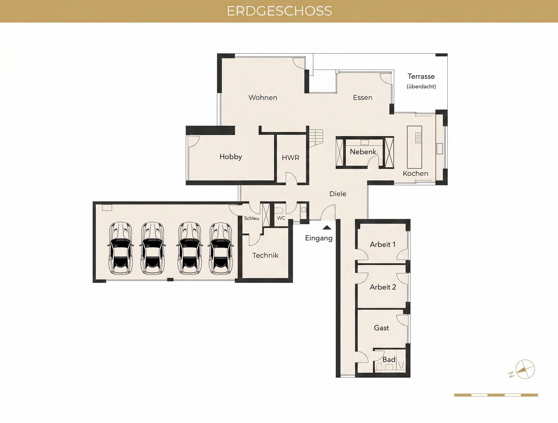 Grundriss Erdgeschoss — Wohnen, Essen, Küche, Hobby, Garage, Arbeitszimmer, Gästezimmer