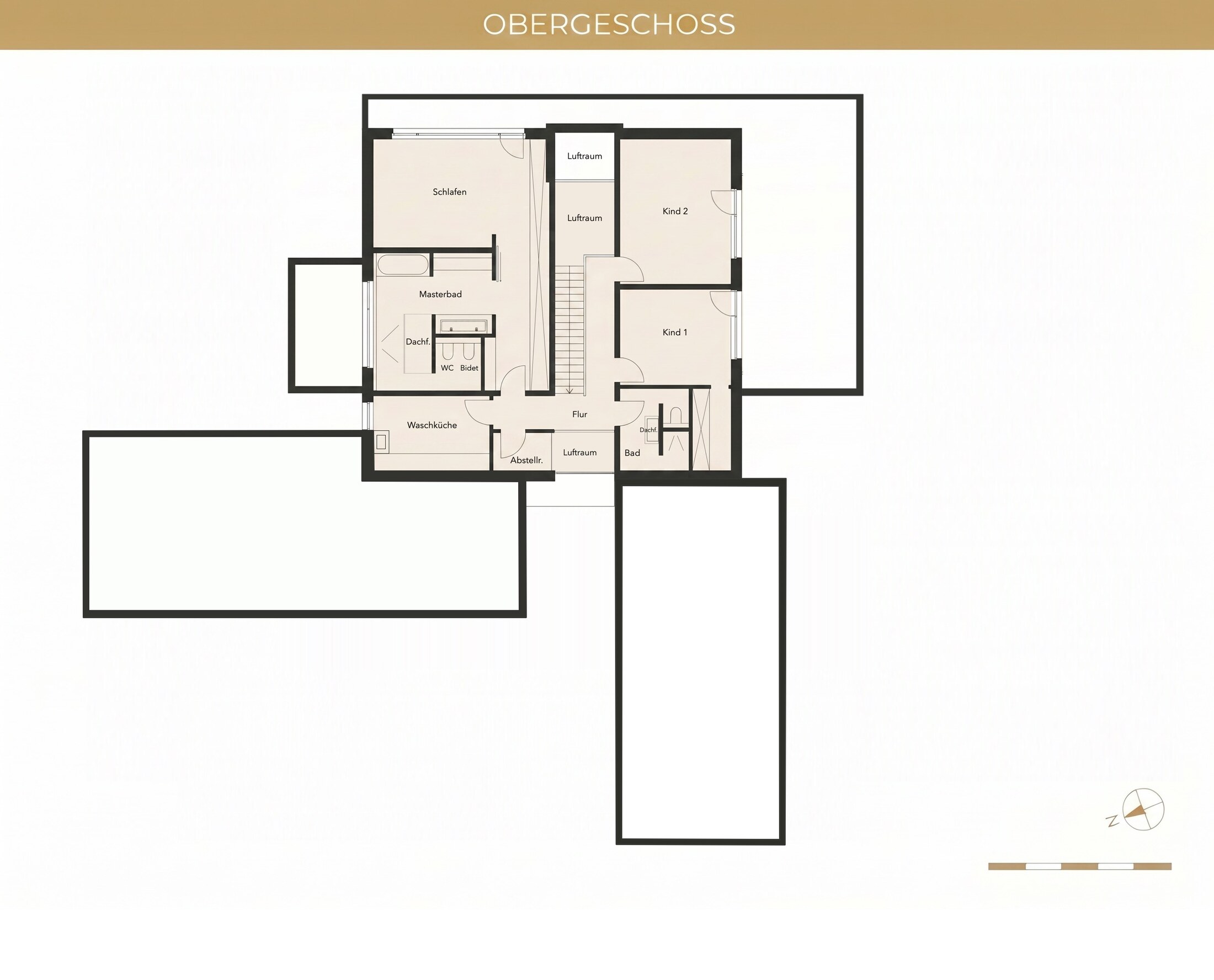 Grundriss Obergeschoss — Master Suite, Kinderzimmer, Masterbad, Waschküche