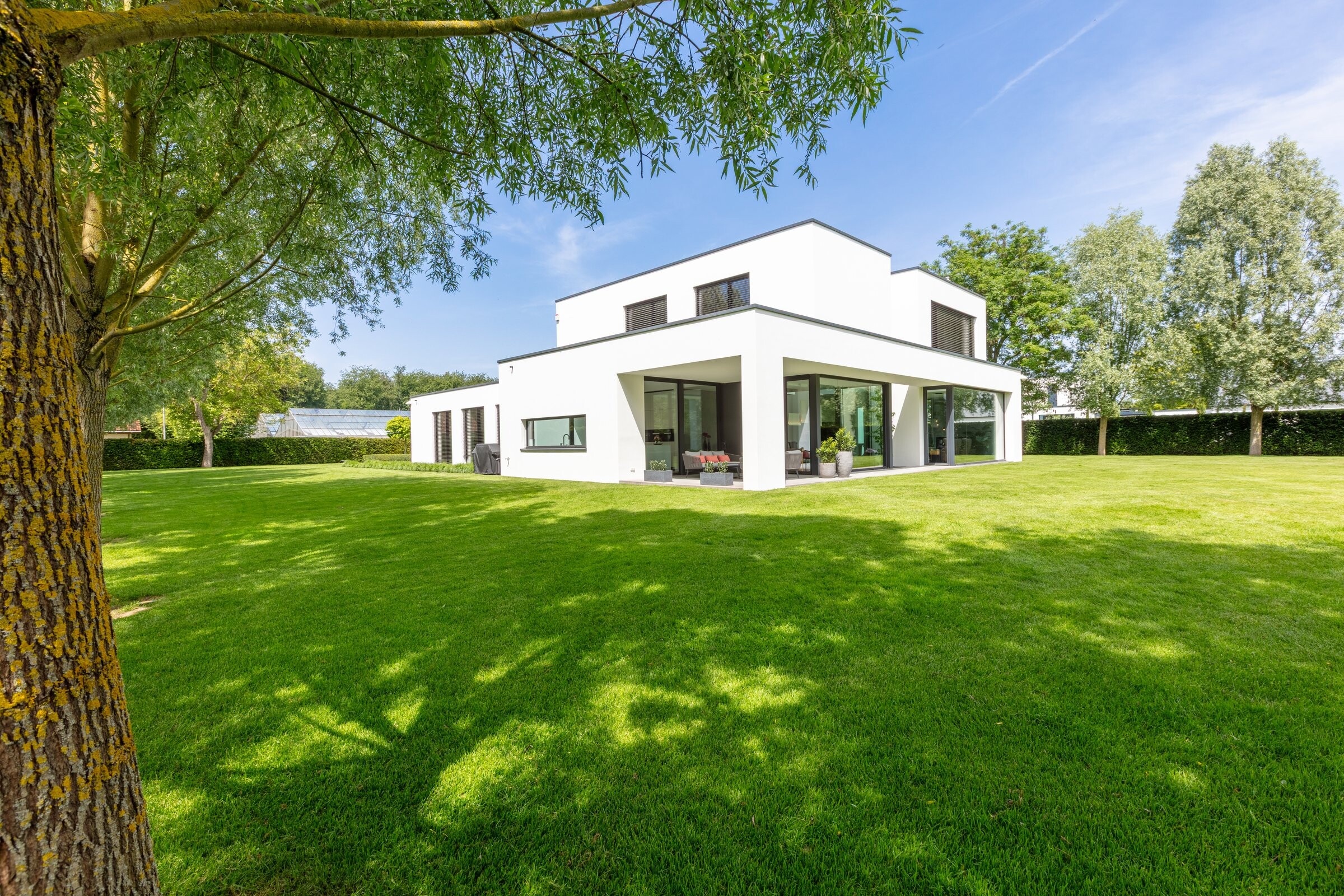 Doppelgeschossiges Atrium mit lebendem Baum — raumhohe Glasfront zum Garten